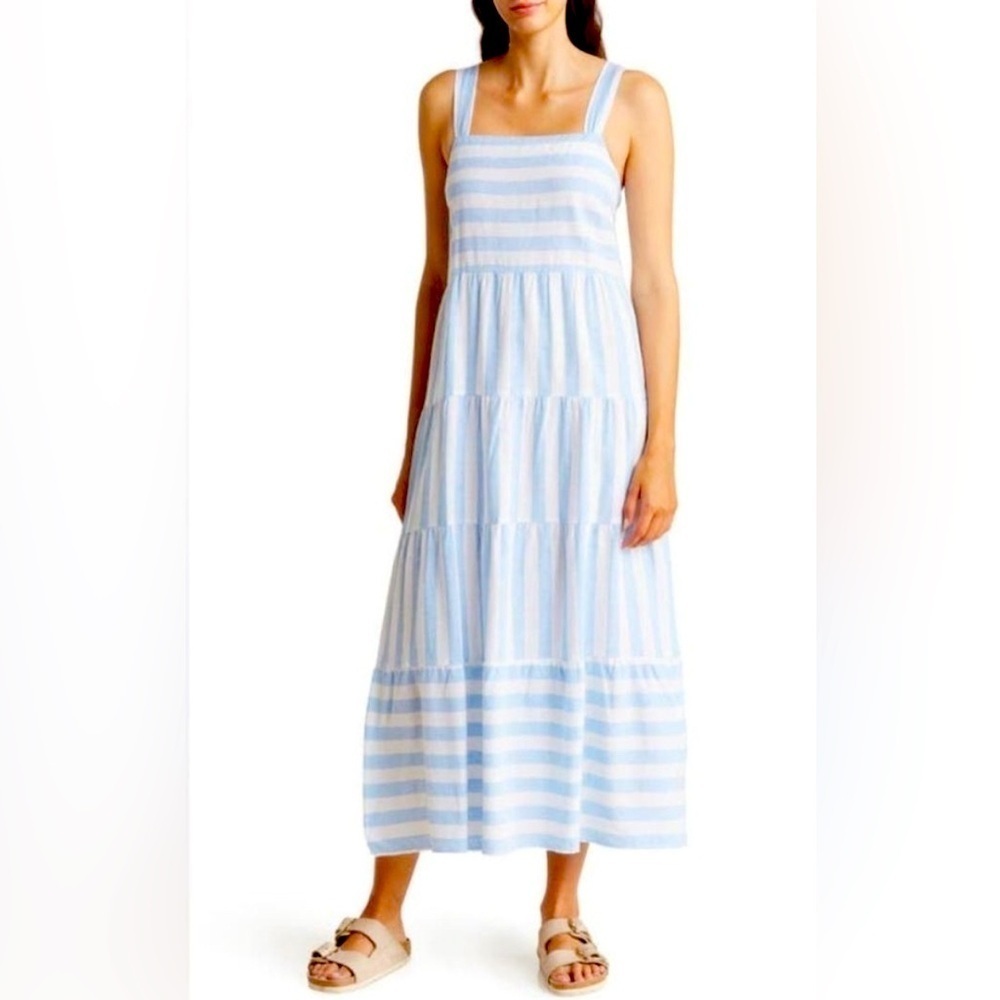 Casa Cabana Diane Stripe Linen Blend Midi Dress Size Small Coastal Beach Resort